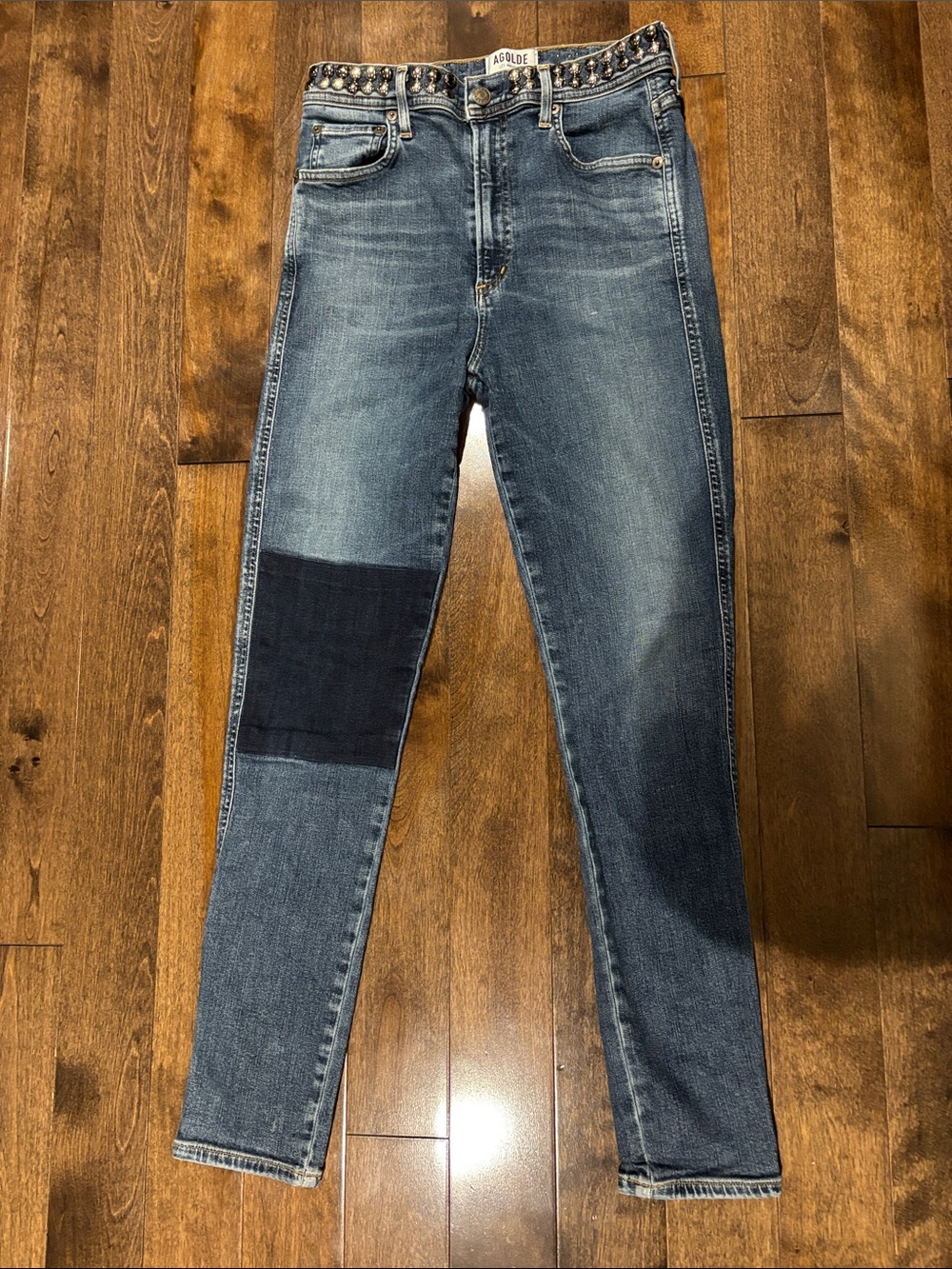 Agolde Roxanne Studded Two-Tone Blue Patchwork High-Rise Skinny Jeans Size 27